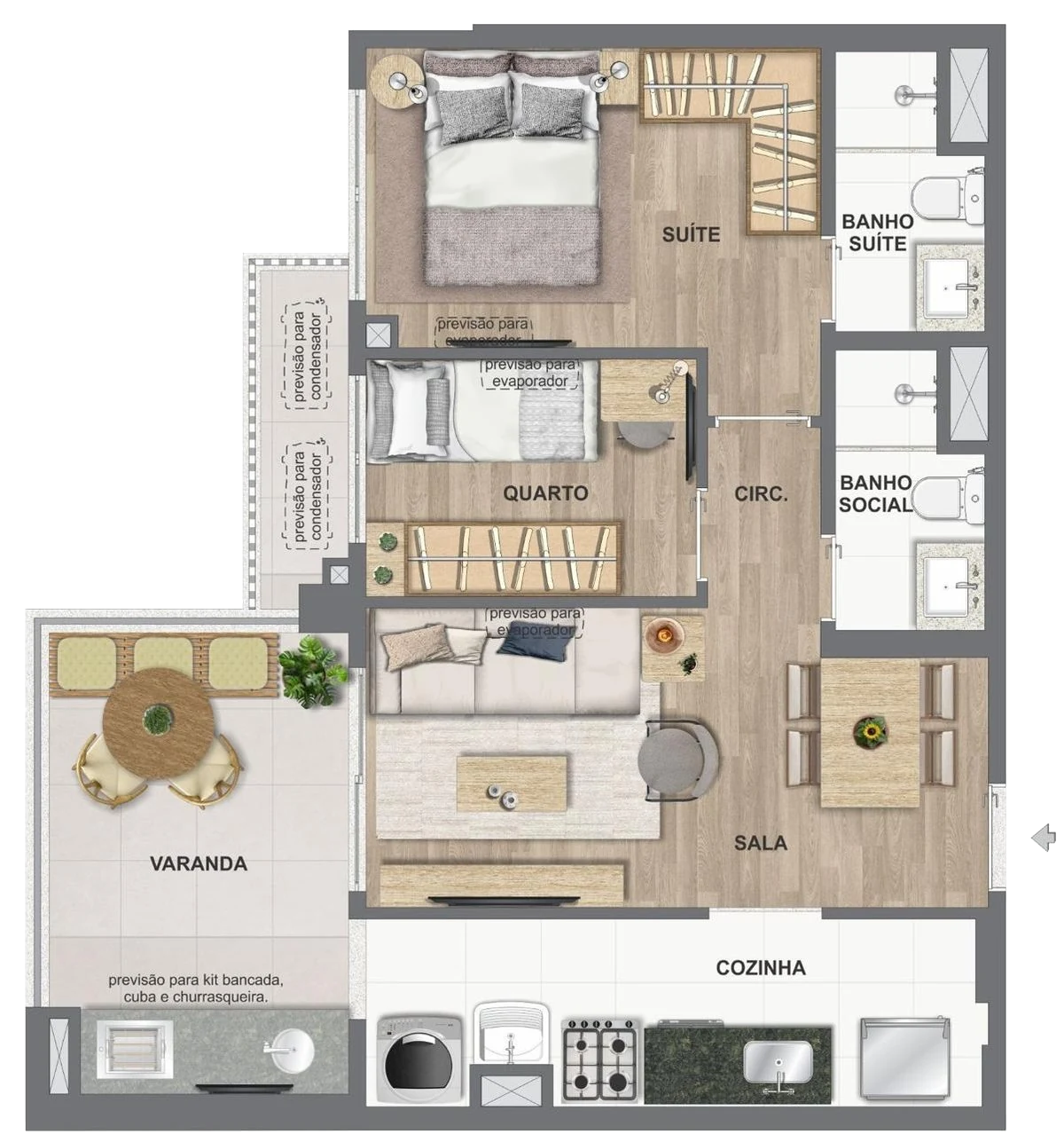 Planta de 2 quartos de 59 e 60 m²