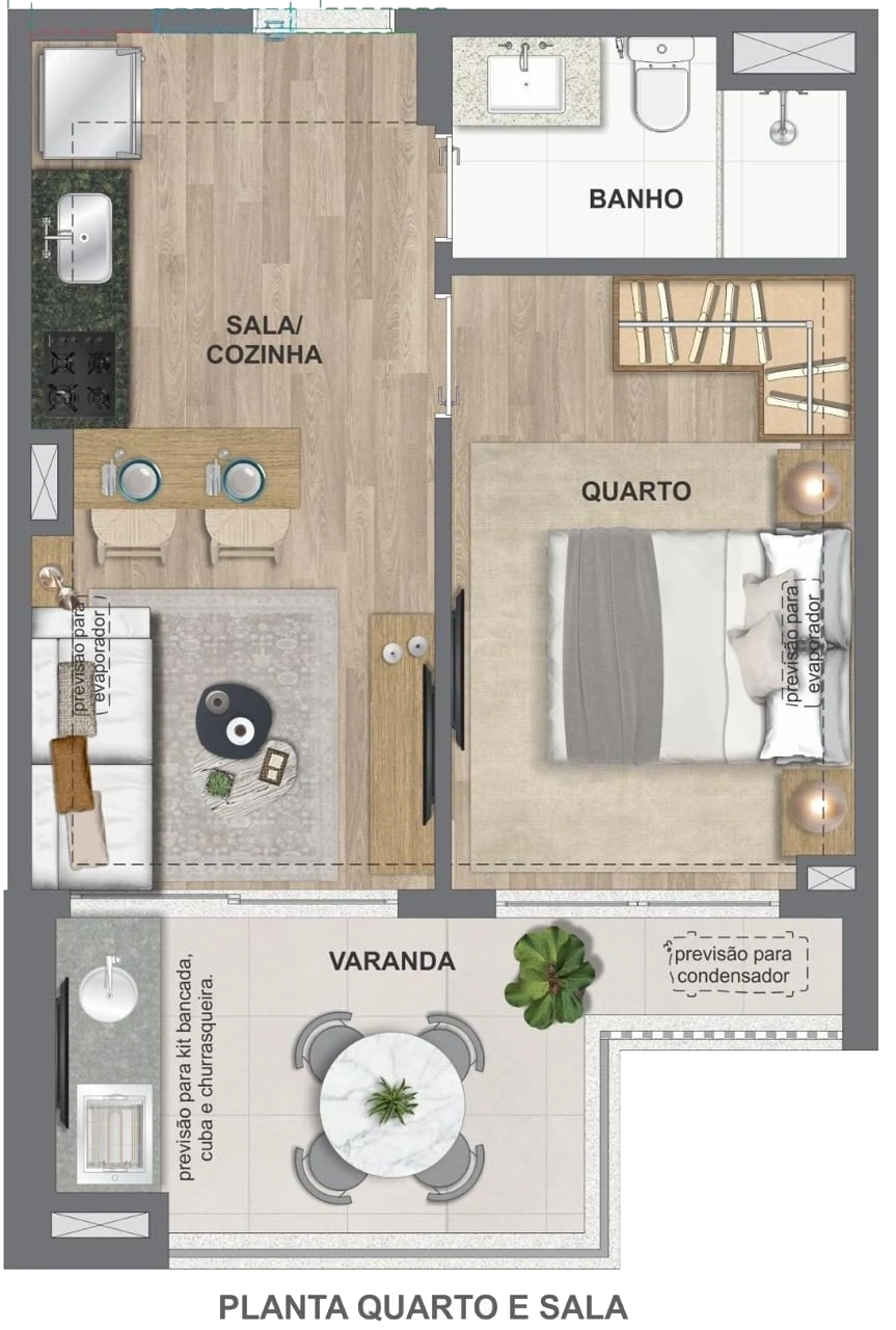 Planta de 1 quarto e sala de 39 e 40 m²
