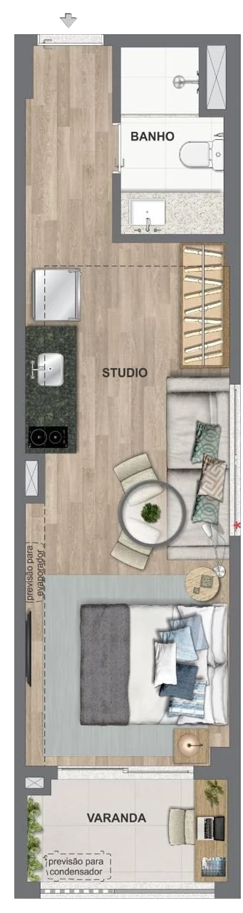 Planta do studio de 32 e 33 m²